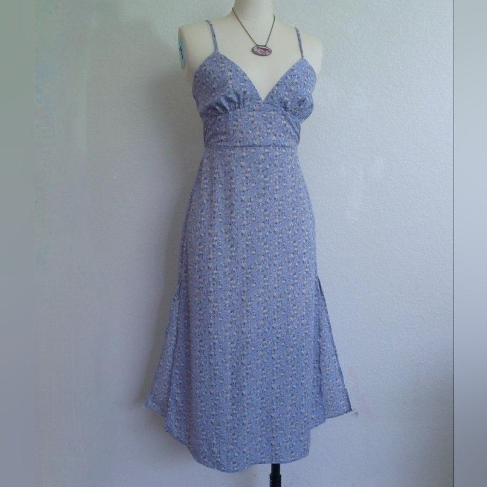 Forever 21 Blue Floral Midi Dress Open Back Bow Tie